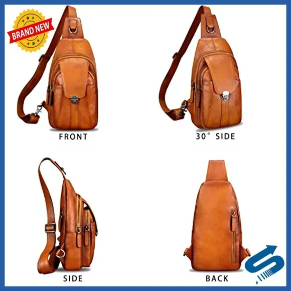 Genuine Leather Crossbody Sling Backpack Daypack with 5 Pockets